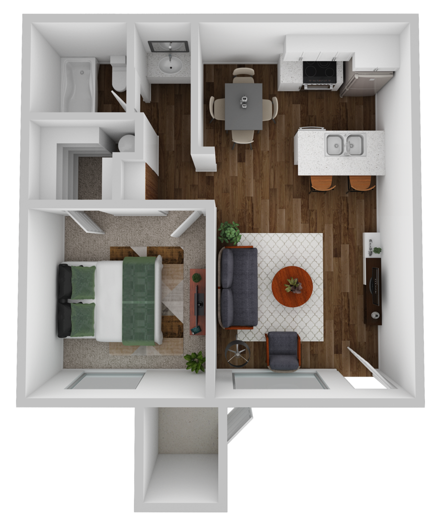 Floor plan for 1 bed, 1 bath, 580 sqft